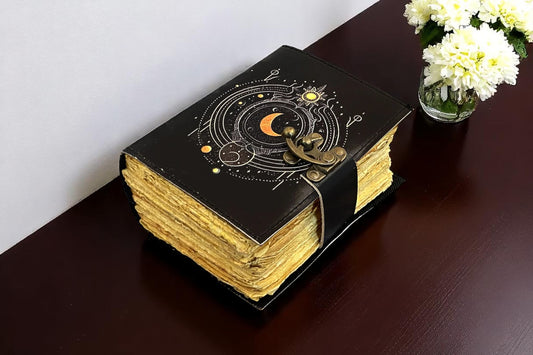 Moon Phase Leather Journal – Handmade Grimoire Spell Book Brass Lock