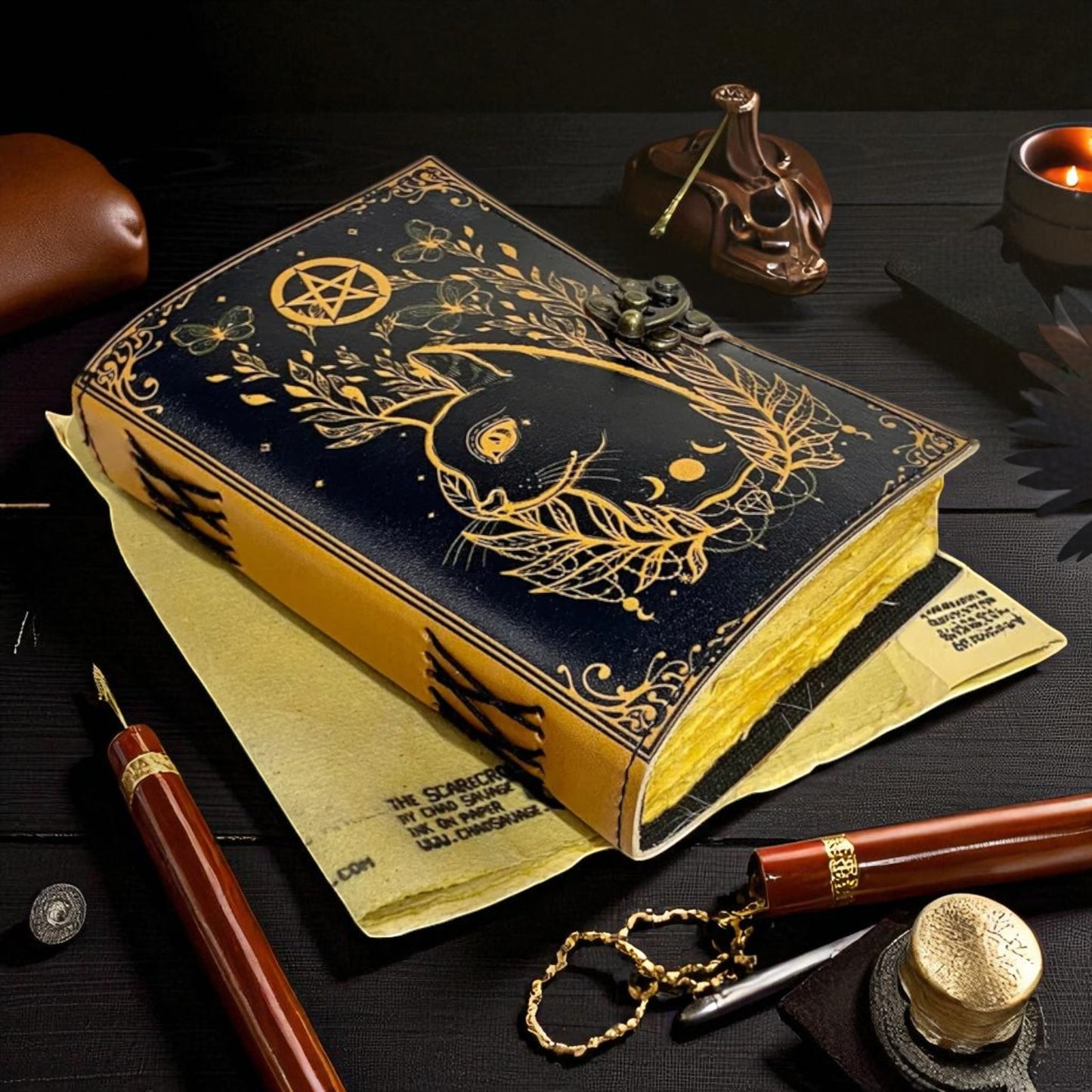 Celtic Cat Leather Journal – Handmade Grimoire, Spell Book, Book of Shadows for Men & Women
