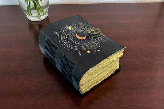 Celestial Moon Phase Leather Journal | Handmade Grimoire Spellbook with Deckle Edge Pages