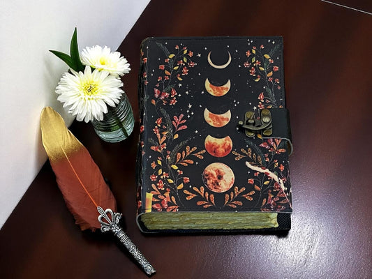 Celestial Moon Phase Leather Grimoire Journal – Handmade Spell Book of Shadows