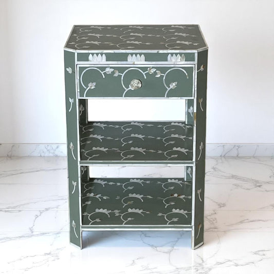 Handmade MOP Inlay Nightstand – 3 Drawer Floral Side Table by Hana Exports
