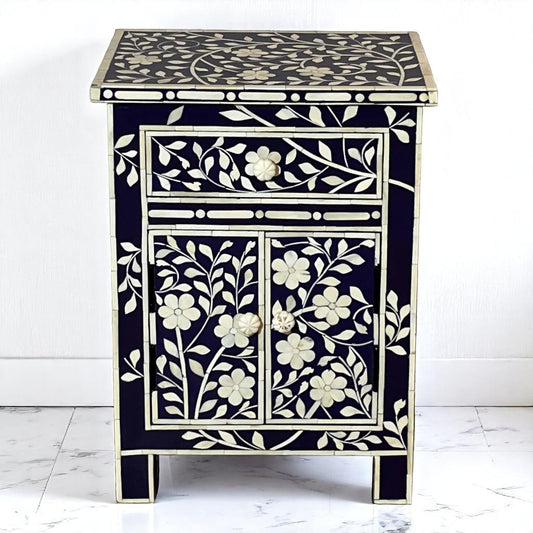 Handmade Bone Inlay Nightstand with Floral Pattern – 3-Drawer Side Table by HANA EXPORTS