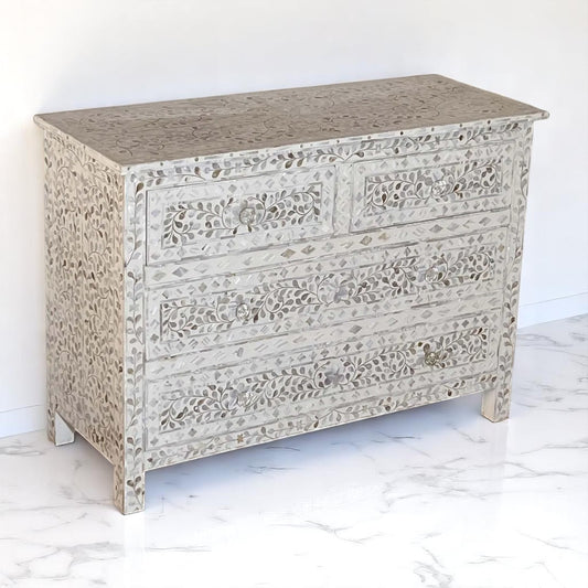 36" Handmade MOP Inlay Floral Sideboard – 3 Drawer Wooden Cabinet by HANA EXPORTS