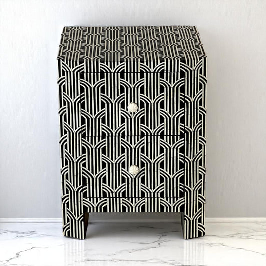 Handmade Bone Inlay Nightstand – 2 Drawer Floral Side Table by Hana Exports