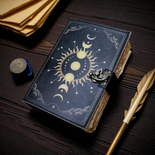 Sun & Moon Embossed Leather Journal – Handmade Vintage Notebook with Wrap Closure | HANA EXPORTS