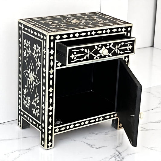 Handmade Bone Inlay Nightstand – Floral 3-Drawer Side Table by Hana Exports (17x24x12 in)
