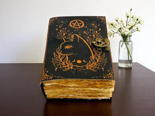Magic Cat Leather Journal – Handmade Vintage Grimoire Book with Deckle Edge Paper & Lock