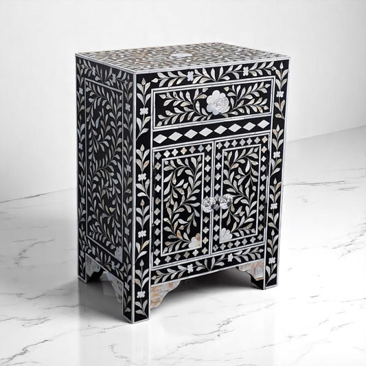 Handmade MOP Inlay Bedside Nightstand | Mother of Pearl Side Table by HANA EXPORTS
