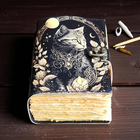 Leather Book of Shadows with Cat Design – Spellbook Spells & Blank Pages – Wiccan Grimoire by HANA EXPORTS