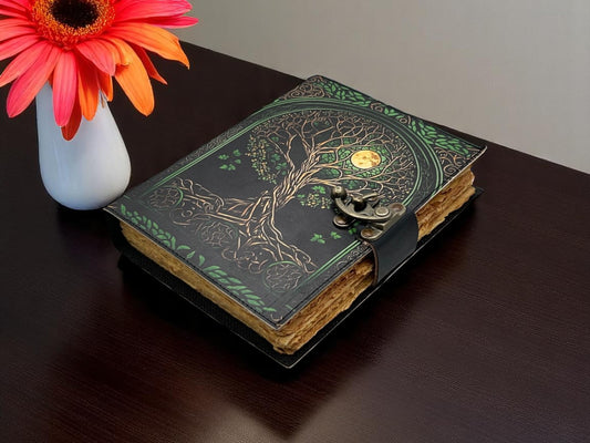 Tree of Life Leather Grimoire Journal – Handmade Spell Book of Shadows with Deckle Edge Paper