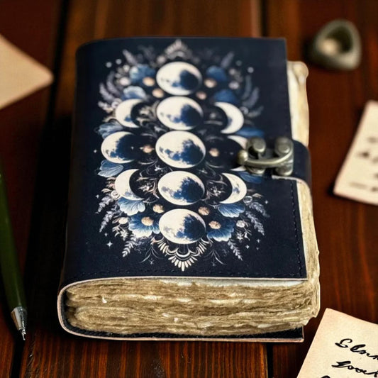 Sun & Moon Leather Journal | Handmade Vintage Paper Notebook | Printed Cover | C-Lock