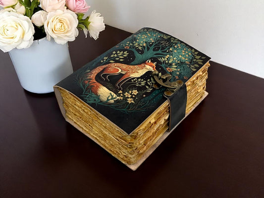 Fox Leather Grimoire Journal – Handmade Vintage Spell Book with Deckle Pages | HANA EXPORTS