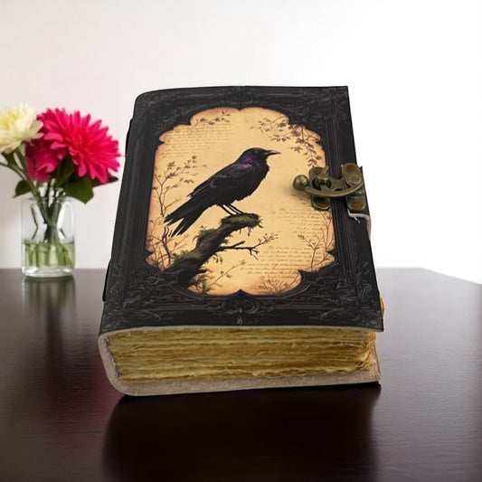 Raven Leather Grimoire Journal – Spell Book with Lock & Handmade Deckle Paper