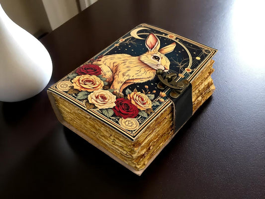 Fox Leather Grimoire Journal – Handmade Spell Book with Vintage Deckle Paper & Lock