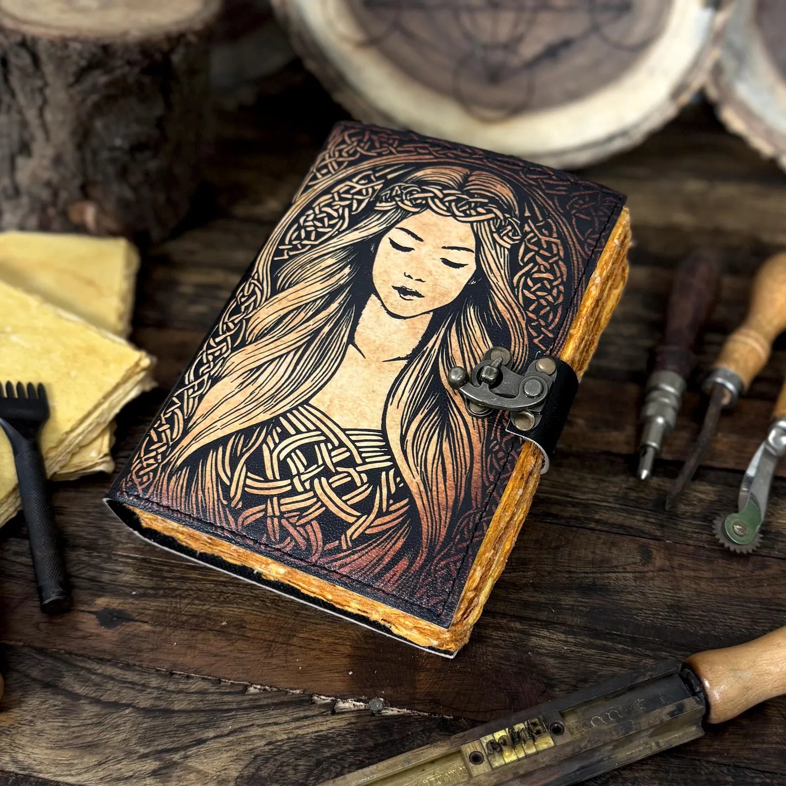 Handmade Celtic Leather Journal โ Vintage Fantasy Notebook with Lock | Unique Gift for Writers, Artists & Wiccans - Hana Exports