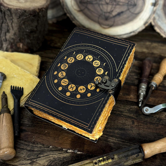 Handmade Leather Zodiac Journal – Vintage Astrology Notebook with Lock | Horoscope & Tarot Diary - Hana Exports