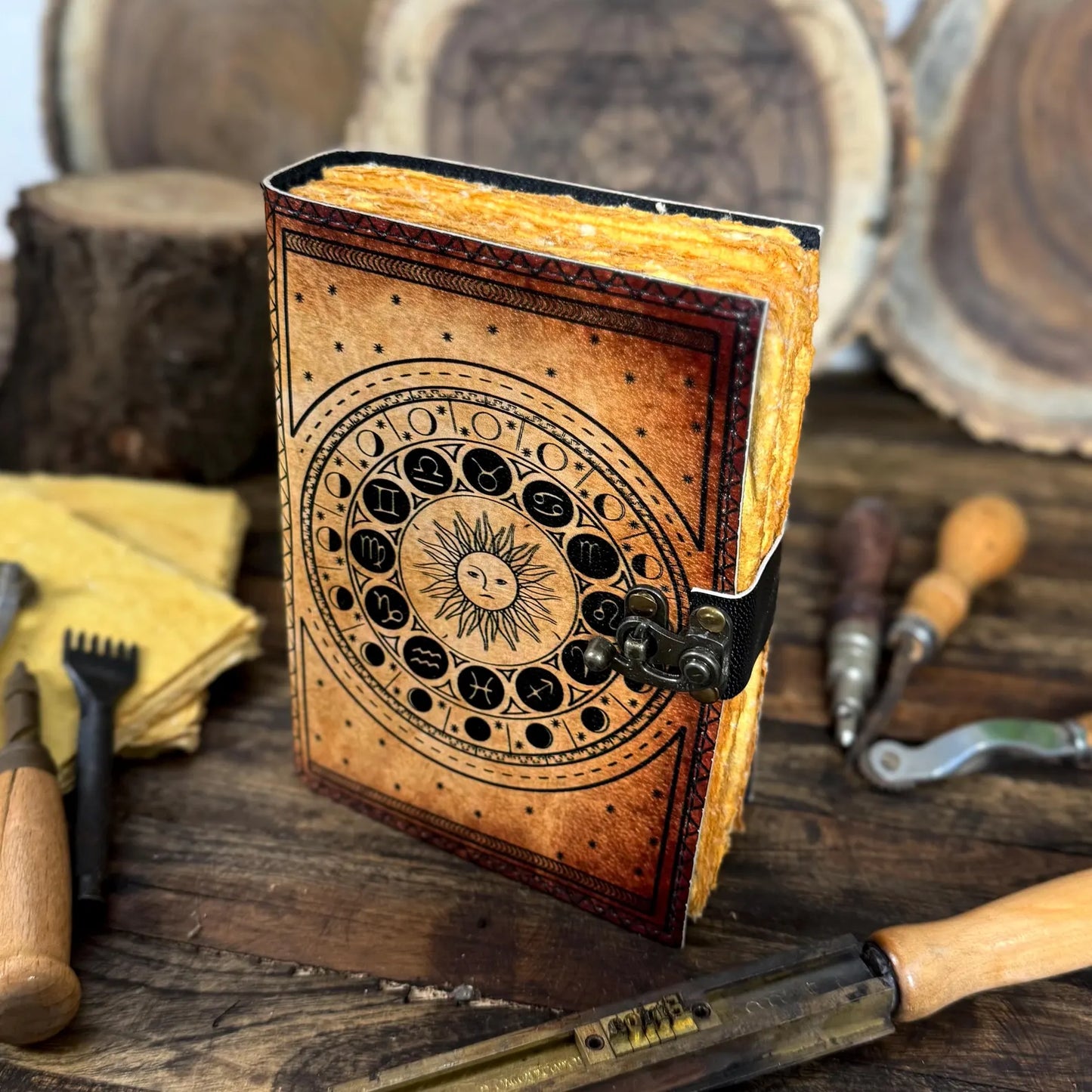 Handmade Leather Zodiac Journal – Vintage Astrology Notebook with Lock | Horoscope & Tarot Diary - Hana Exports