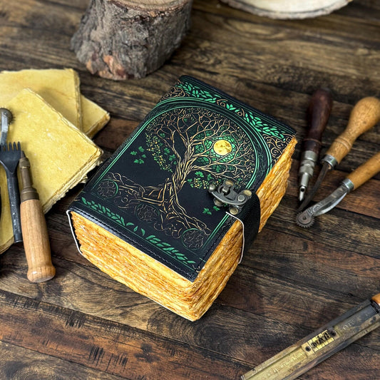 Large Grimoire leather journal, Print Tree of Life Journal, Blank spell book book of shadows Leather Celestial Gifts For Him Her - Hana Exports
