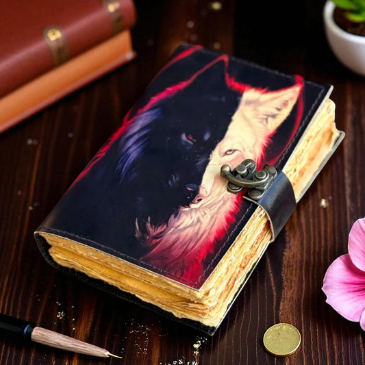 Wolf Embossed Handmade Leather Journal – Recycled Cotton Paper Notebook – Coptic Bound Vintage Diary by HANA EXPORTS