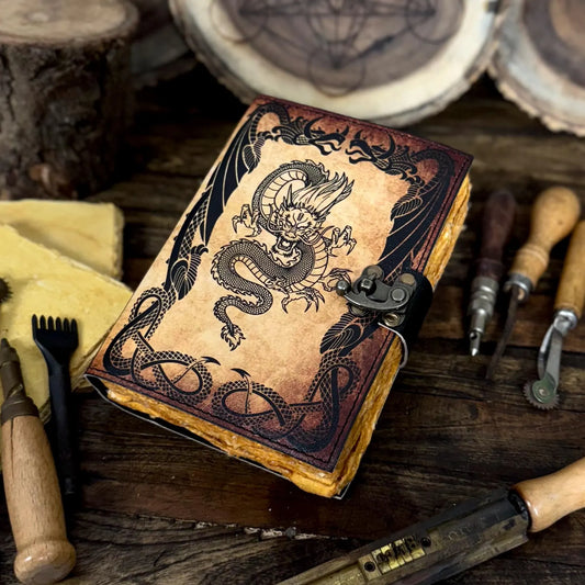 Handmade Leather Dragon Journal – Vintage Sketchbook with Lock | 240 Vintage Pages - Hana Exports