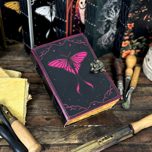 Luna Moth Leather Journal – Vintage Moon Moth Diary with Lock | Handmade Sketchbook - Hana Exports