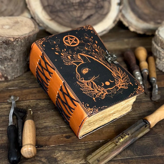 Grimoire Vintage leather journal, Celtic Cat Leather Notebook, Blank spell book of shadows, witch Celestial - Hana Exports