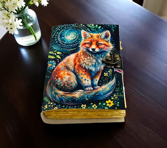 Fox Vintage Leather Grimoire Journal – Handmade Book of Shadows Gift for Him & Her