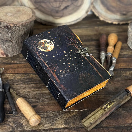 Handmade Leather Journal - Moonlit Forest Design | Vintage Lock Diary | Unique Art Sketchbook | Personalized Leather Notebook - Hana Exports