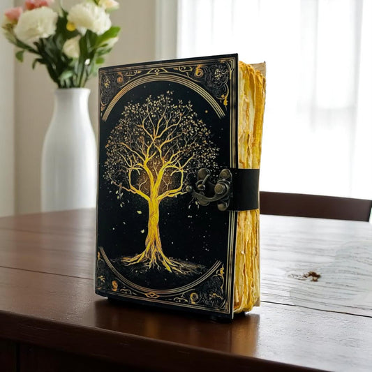 Tree of Life Leather Grimoire Journal – Handmade Spellbook with Lock | HANA EXPORTS