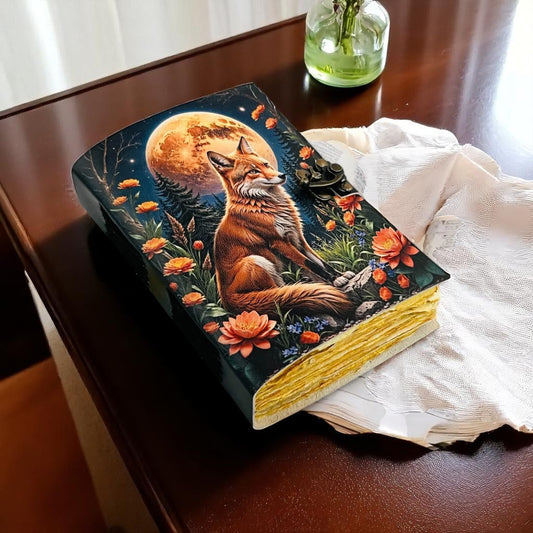Fox Leather Grimoire Journal – Handmade Spell Book of Shadows for Writing & Sketching