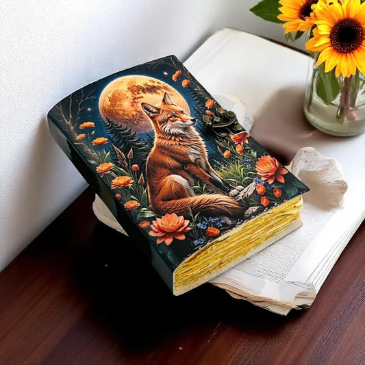 Fox Leather Grimoire Journal | Handmade Spell Book with 400 Pages & Deckle Edge Paper