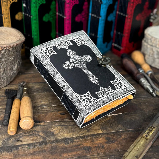 leather journal, Cross Print Leather Journal, Blank spell book of shadows, Deckle Edge Paper, Celestial Gifts For Him Her - Hana Exports