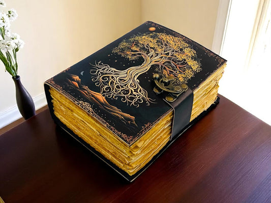 Tree of Life Leather Grimoire Journal – Spell Book of Shadows with Lock & Cotton Paper