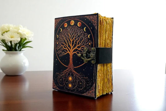 Tree of Life Grimoire Leather Journal – Handmade Vintage Notebook with Chakra Stones