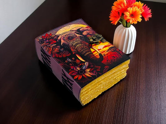 Handmade Elephant Mandala Leather Journal with Lock – Boho Grimoire & Writing Sketchbook