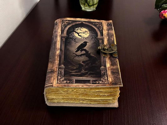 Raven Grimoire Leather Journal – Handmade Gothic Witchcraft Spellbook | HANA EXPORTS