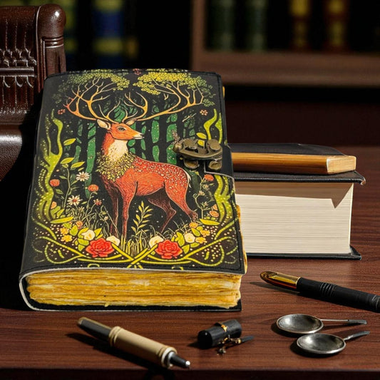 Deer Antler Leather Journal – Handmade Spell Book with Lock & Custom Engraving | Witchy Grimoire