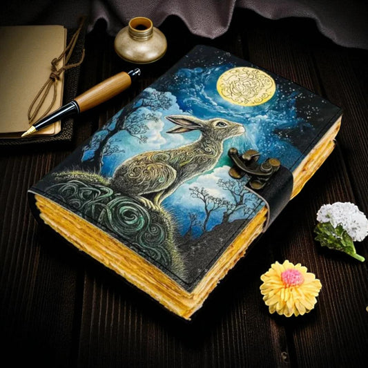 Moon Gazing Hare Leather Journal – Handmade Spell Book with Lock & Custom Engraving