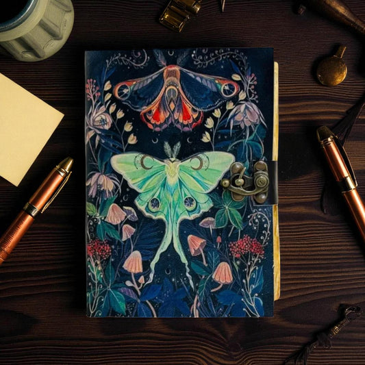 Handmade Leather Journal with Luna Moth & Butterfly Print – Lockable Spell Book & Sketchbook