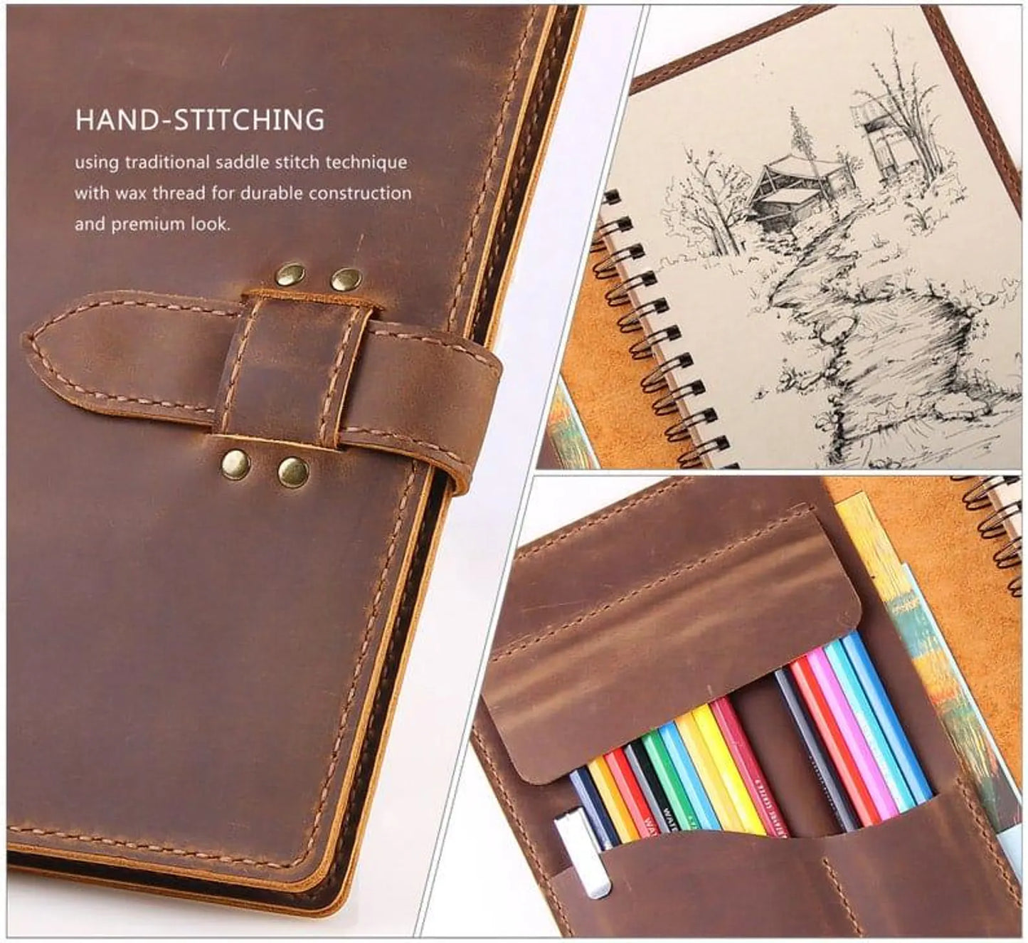 Personalized Leather Sketchbook Cover, Leather Artists gifts, Leather Artist Sketch Pad Cover for 5.5"x8.5", Notebook Cover, Artist Roll (Copy) - Hana Exports