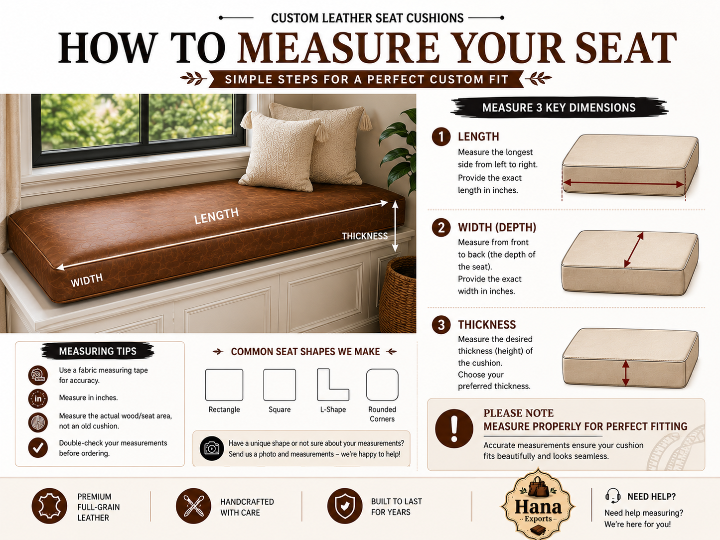 An infographic titled 'HOW TO MEASURE YOUR SEAT' explains how to measure leather seat cushions with labeled dimensions for length, width, and thickness. It includes a photo of a fitted leather seat cushion, measurement guides, common seat shapes, tips, and a Hana logo at the bottom.