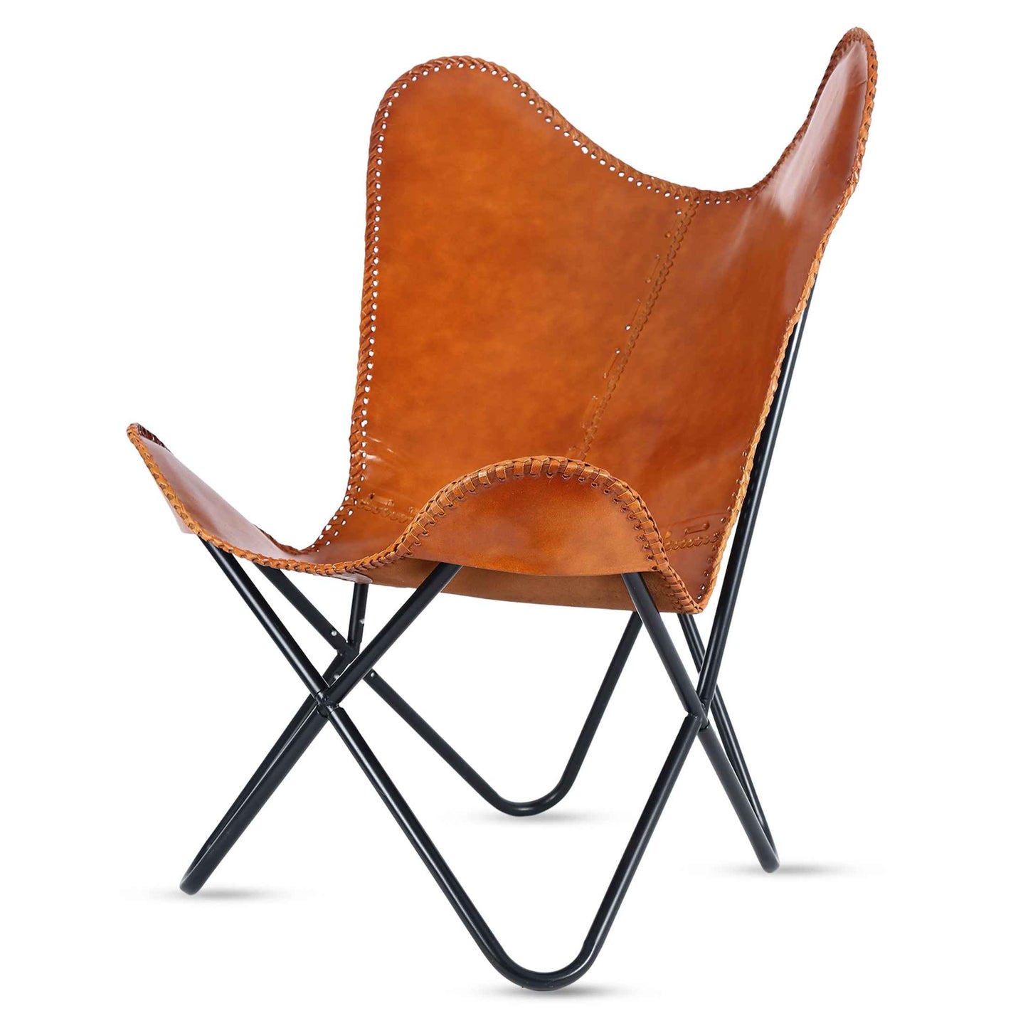 Leather Living Room Chairs-Butterfly Chair Brown Leather Butterfly Chair-Handmade with Powder Coated Folding Iron Frame (Cover with Folding Frame) (Black Frame) (Tan cover with gold frame)