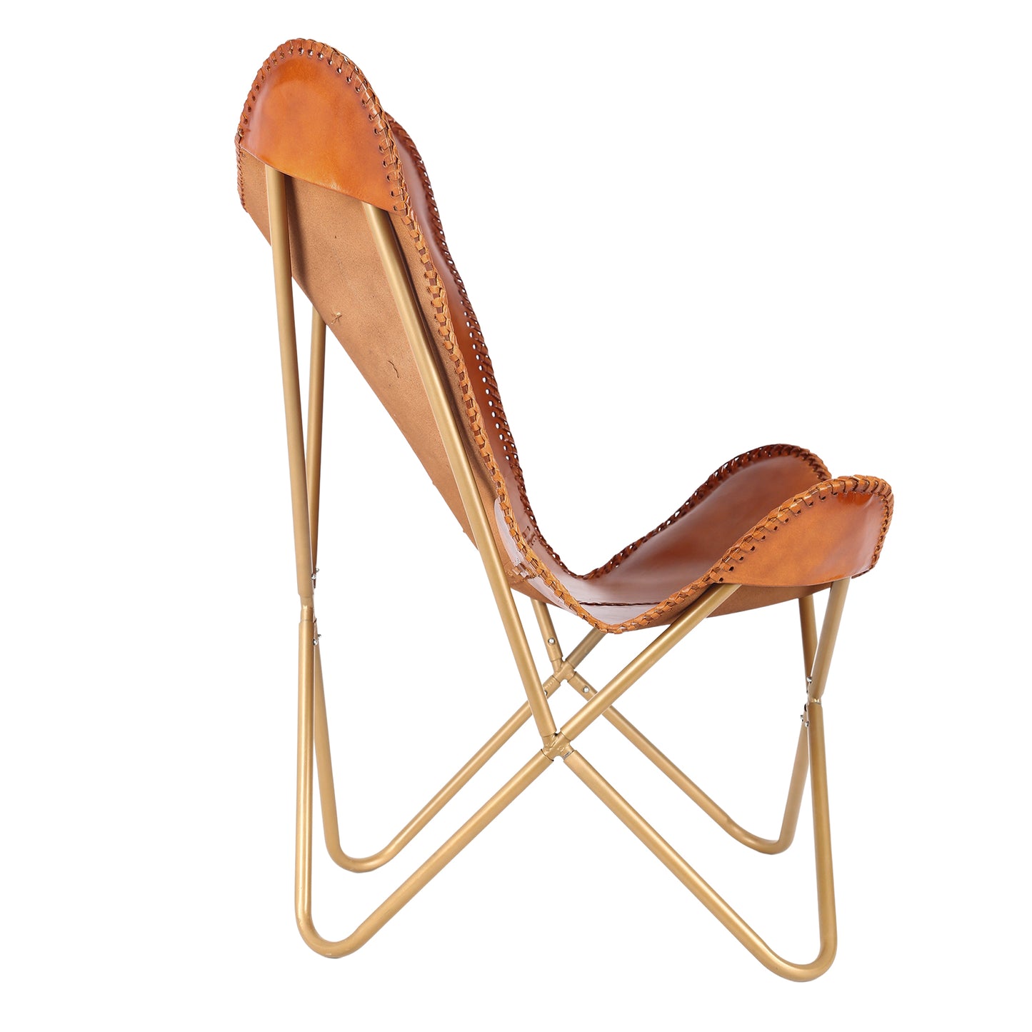 Leather Living Room Chairs-Butterfly Chair Brown Leather Butterfly Chair-Handmade with Powder Coated Folding Iron Frame (Cover with Folding Frame) (Black Frame) (Tan cover with gold frame) - Hana Exports