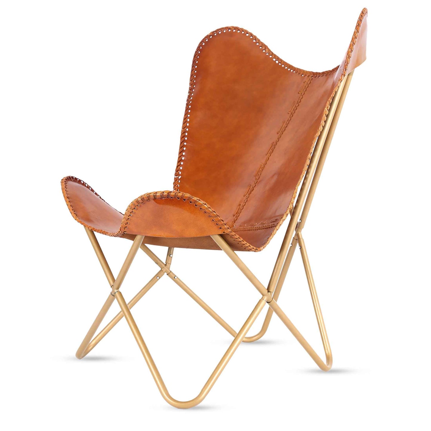 Leather Living Room Chairs-Butterfly Chair Brown Leather Butterfly Chair-Handmade with Powder Coated Folding Iron Frame (Cover with Folding Frame) (Black Frame) (Tan cover with gold frame)