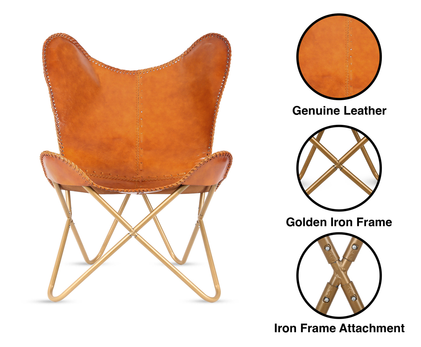 Leather Living Room Chairs-Butterfly Chair Brown Leather Butterfly Chair-Handmade with Powder Coated Folding Iron Frame (Cover with Folding Frame) (Black Frame) (Tan cover with gold frame) - Hana Exports