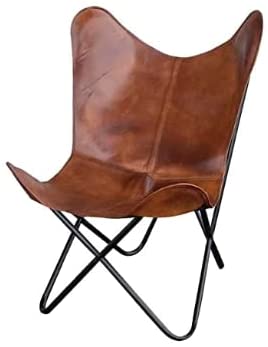 Classy Handmade Leather Living Room Chairs-Butterfly Chair Tan Side Hand Stich Leather Butterfly Chair-Handmade with Powder Coated Folding Iron Frame (Cover with Folding Frame) (Stylish Black Frame) - Hana Exports