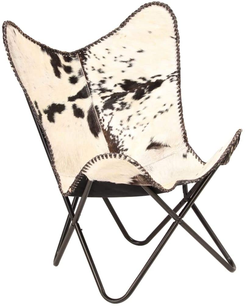 Home Decor Genuine Goat Leather Butterfly Arm Chair with Black/Brown White Hair on Cover (Black and White with Black Frame) - Hana Exports