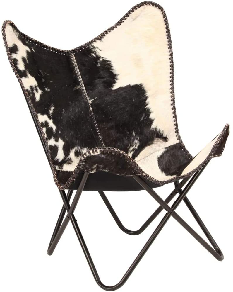 Home Decor Genuine Goat Leather Butterfly Arm Chair with Black/Brown White Hair on Cover (Black and White with Black Frame) - Hana Exports