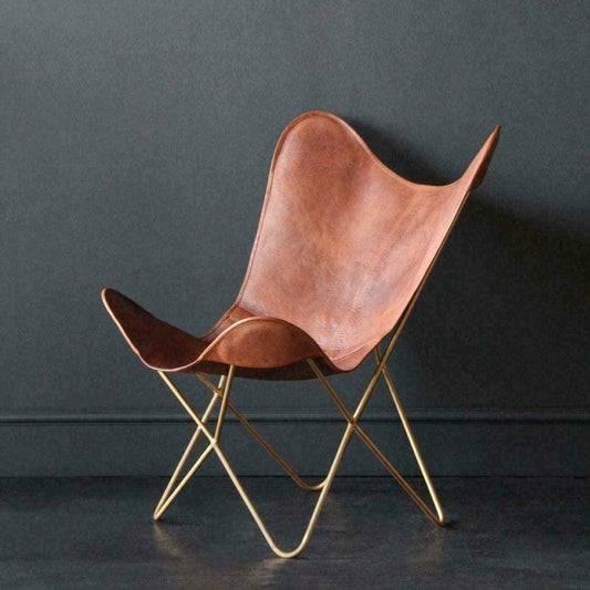 Leather Living Room Chairs-Butterfly Chair Brown Leather Butterfly Chair-Handmade with Powder Coated Folding Iron Frame (Cover with Folding Frame) (Golden Frame)