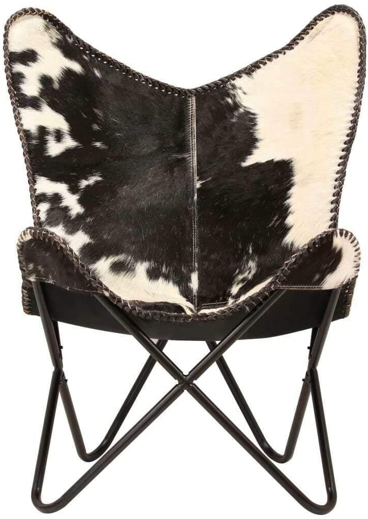 Home Decor Genuine Goat Leather Butterfly Arm Chair with Black/Brown White Hair on Cover (Black and White with Black Frame) - Hana Exports